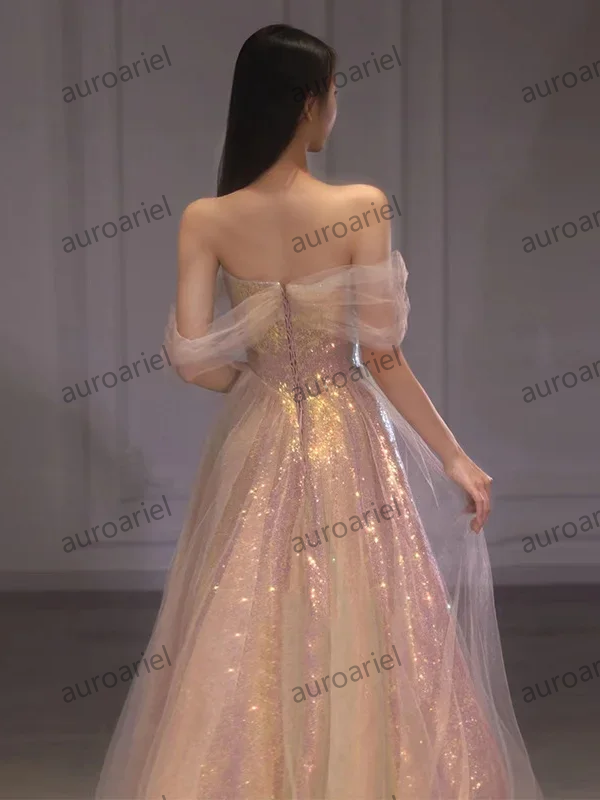 Customized Bling Pink Elegant Sweet Evening Dresses Summer Boat Neck Slim Waist Mesh Design Tiered Prom