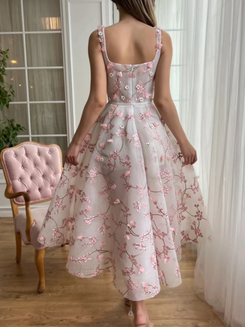 Elegant Pastel Blooms Midi-length A Line Evening Dress Women Party Prom Dress Charming Customized Special Occasion Cocktail Gown