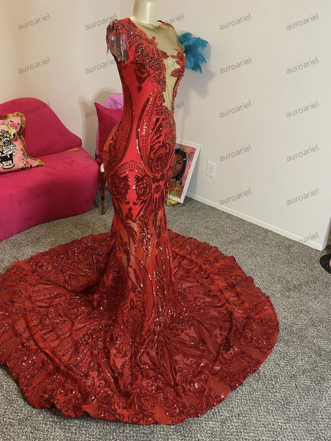 Sparkly Red Sequined Lace Prom Dress Black Girls Mermaid Beads Crystal Formal Occasion Graduation Dress Evening Party Gala Gown