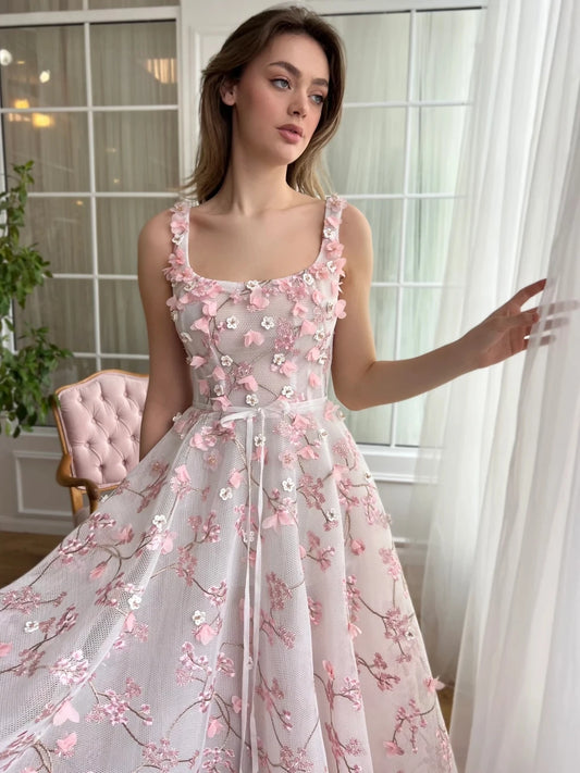 Elegant Pastel Blooms Midi-length A Line Evening Dress Women Party Prom Dress Charming Customized Special Occasion Cocktail Gown