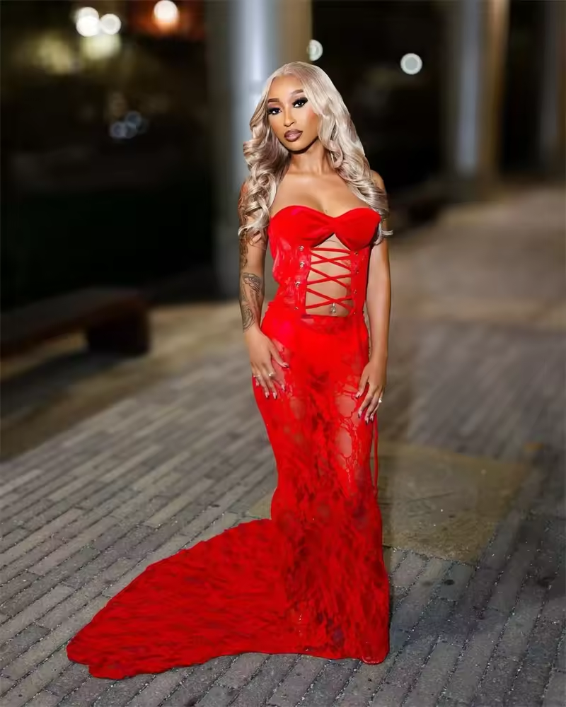 Sexy Red Sweetheart Long Prom Dresses For Black Girls 2025 Lace Birthday Luxury Dress Mermaid Party Gown Customized