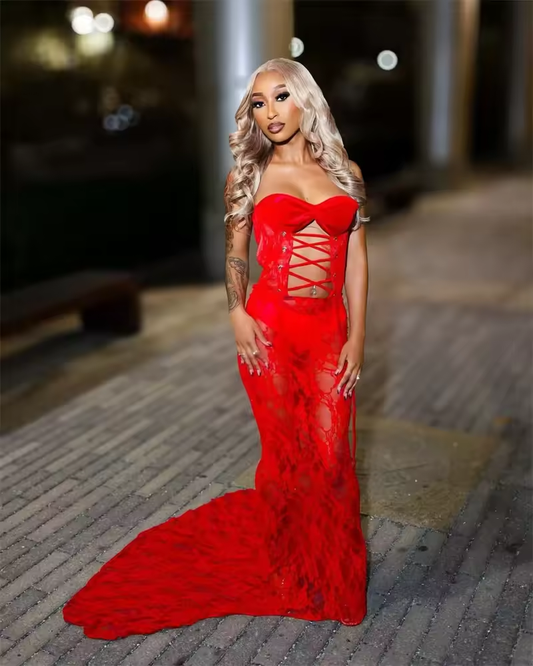 Sexy Red Sweetheart Long Prom Dresses For Black Girls 2025 Lace Birthday Luxury Dress Mermaid Party Gown Customized
