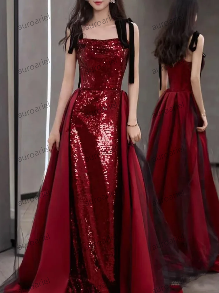 Customized Wine Red Temperament Sling Wedding Party Dresses Slim Waist Sequin