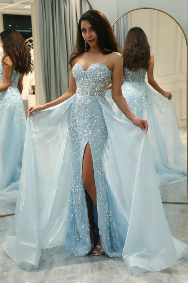 Sheath Strapless Blue Sequins Prom Dress with High Side Slit and Train