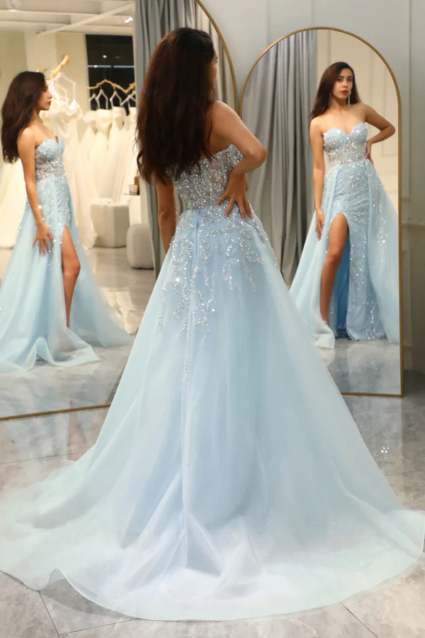 Sheath Strapless Blue Sequins Prom Dress with High Side Slit and Train