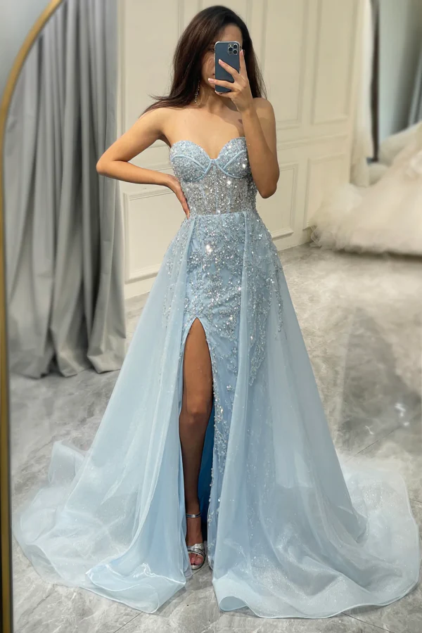 Sheath Strapless Blue Sequins Prom Dress with High Side Slit and Train