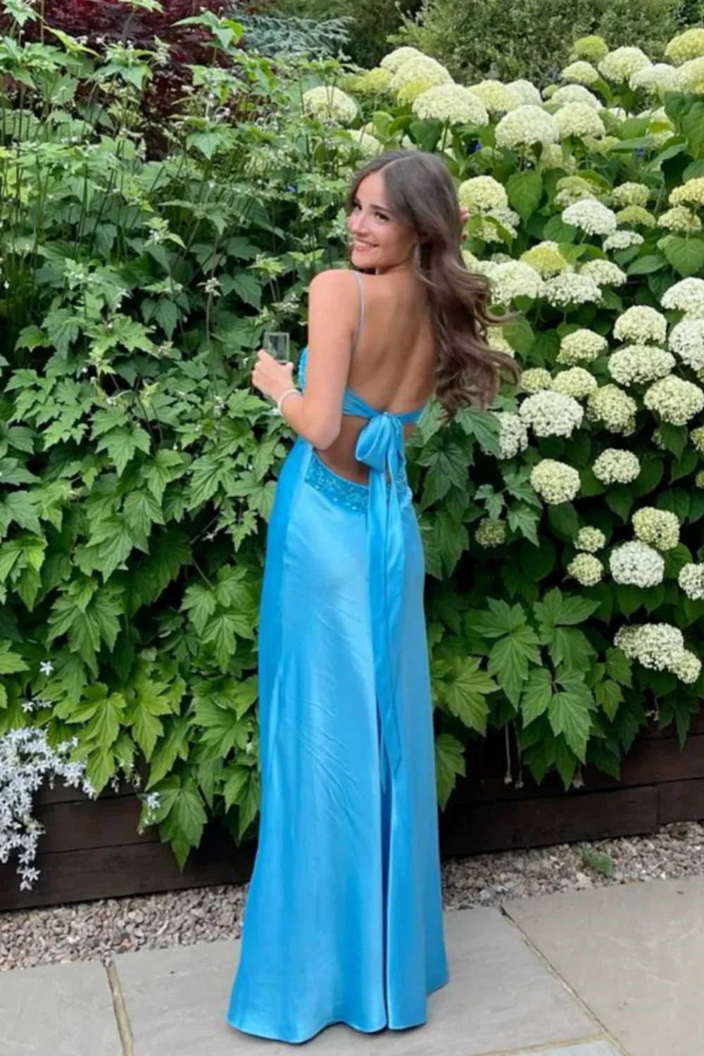 Sheath V Neck Blue Silk Satin Prom Dress with Beading