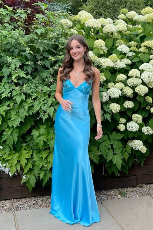 Sheath V Neck Blue Silk Satin Prom Dress with Beading