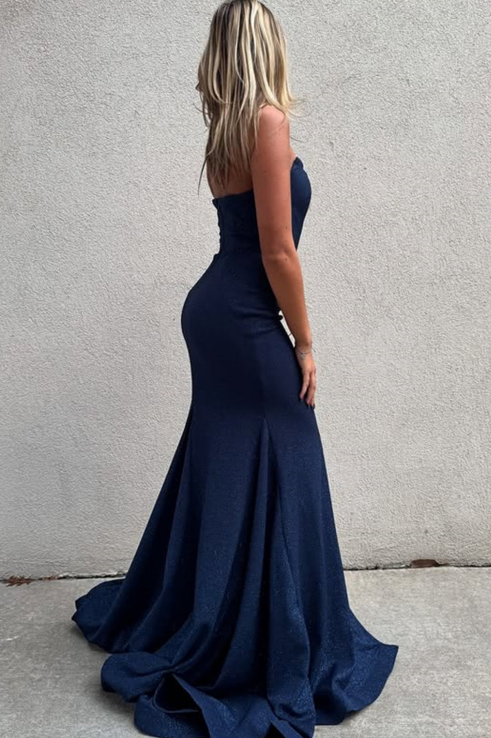 Sheath V Neck Sleeveless Glitter Dark Navy High Side Slit and Train Prom Party Dress