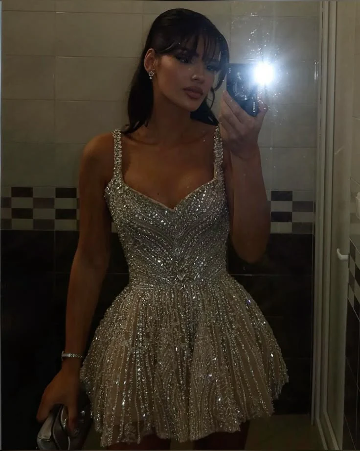 Shiny White Strappy V-Neck Beaded A-Line 17th Birthday Homecoming Dress