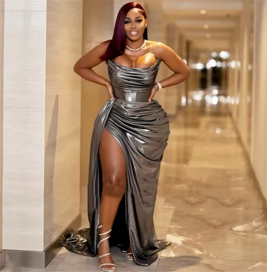 Silver Grey Long Prom Dress Sweetheart Pleats Birthday Party Dress Leather Formal Occasion Gown Robe Customized