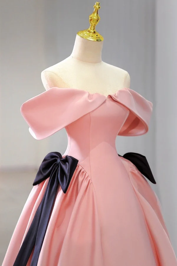 Simple A-Line Off Shoulder Sleeveless Pleated Bow Knots Pink Satin Prom Party Dress Evening Formal Gown Birthday Party Dress
