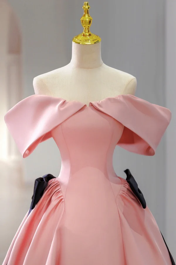 Simple A-Line Off Shoulder Sleeveless Pleated Bow Knots Pink Satin Prom Party Dress Evening Formal Gown Birthday Party Dress