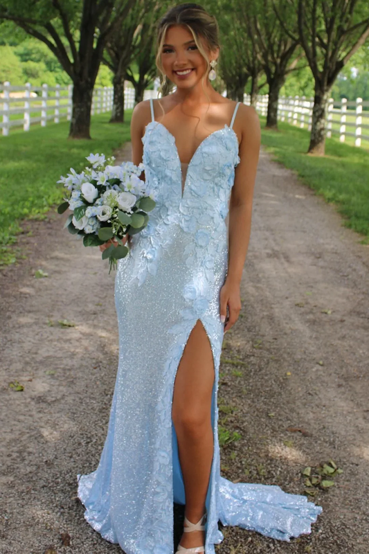 Spaghetti Straps V-Neck Appliques Mermaid Prom Dress with Slit