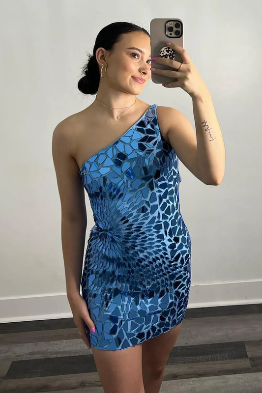 Sparkly Bodycon One Shoulder Blue Mirror-cuts Short Homecoming Dresses