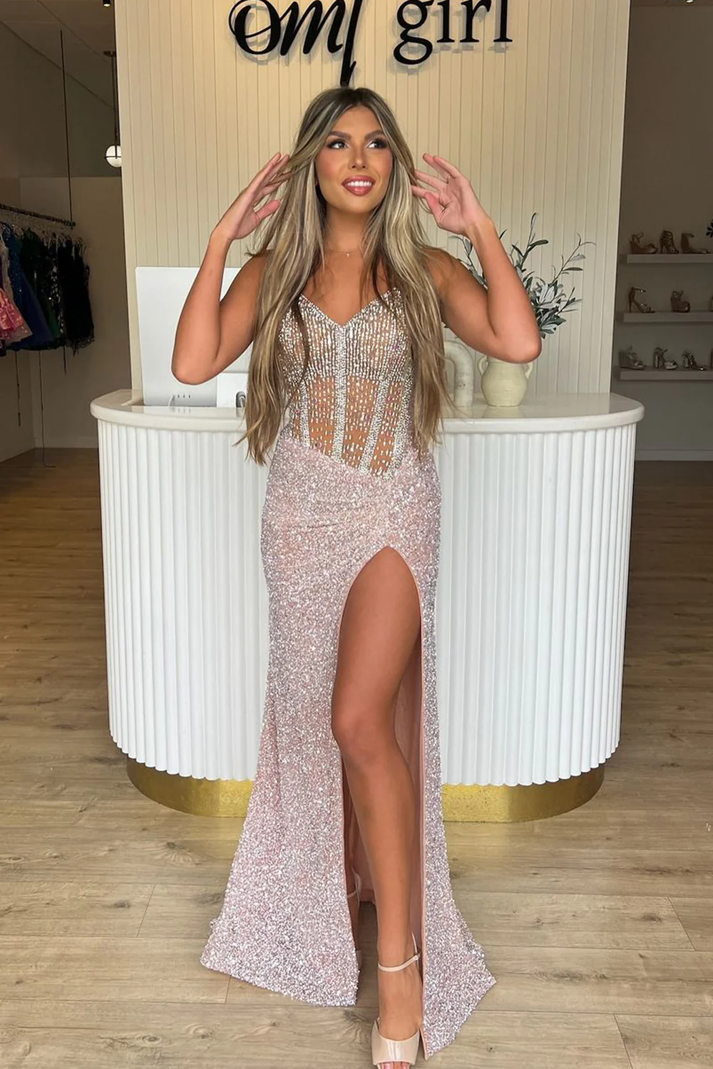 Sparkly Mermaid V Neck Pink Sequins Long Prom Dresses with Beading