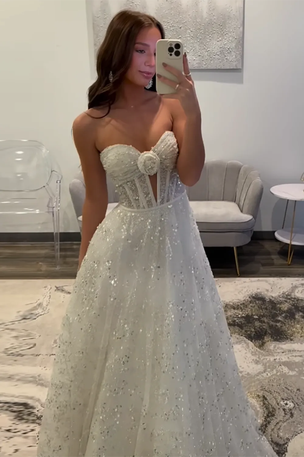 Sparkly White Sequins Long A Line Sweetheart Prom Dress
