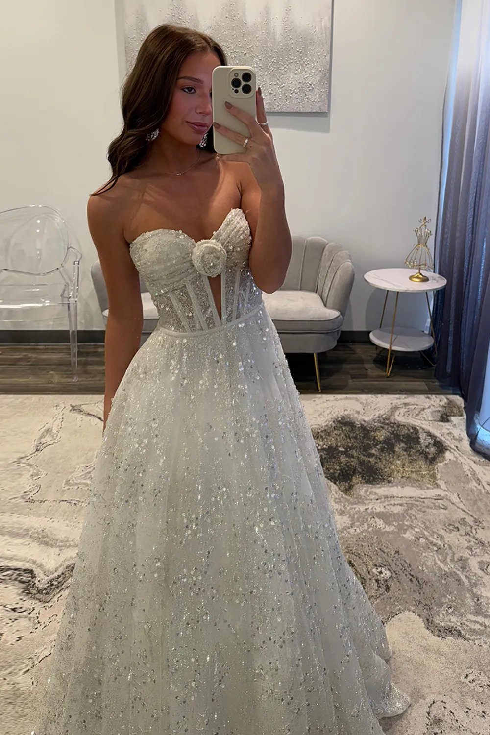 Sparkly White Sequins Long A Line Sweetheart Prom Dress