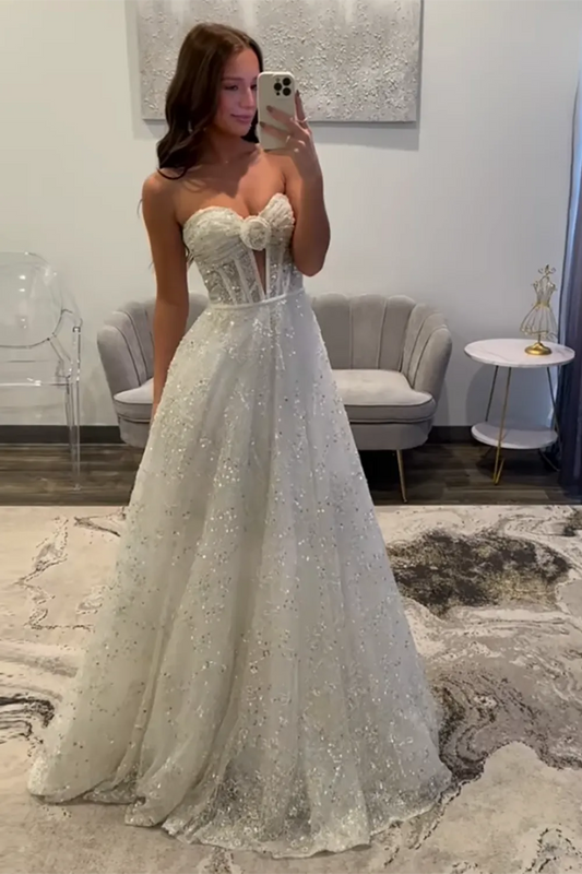 Sparkly White Sequins Long A Line Sweetheart Prom Dress