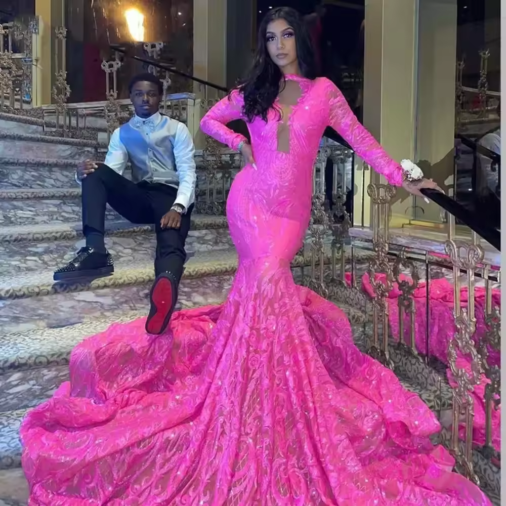 Sparkly Sequin Lace Luxury Fuchsia Mermaid Long Prom Dresses African Black Girl Full Sleeves Party Evening Formal Gowns