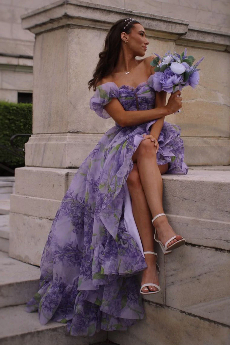 Strapless A-Line Floral Prom Dress With Detachable Sleeves
