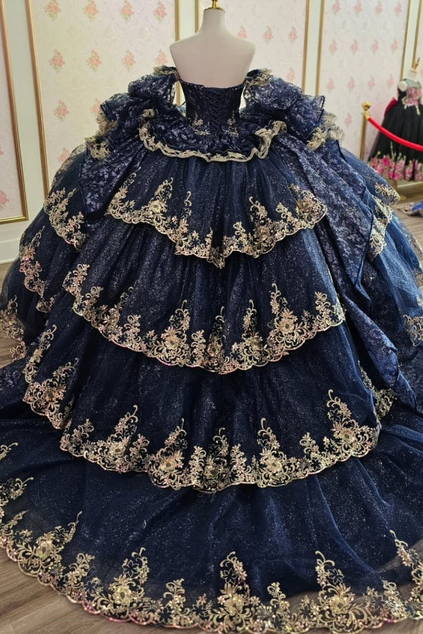 Strapless Long Sleeves Dark Navy Quinceanera Dress with Beaded Gold Appliques Sequins for Sweet 15