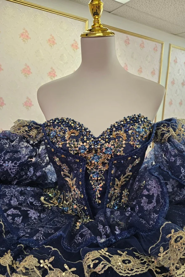 Strapless Long Sleeves Dark Navy Quinceanera Dress with Beaded Gold Appliques Sequins for Sweet 15