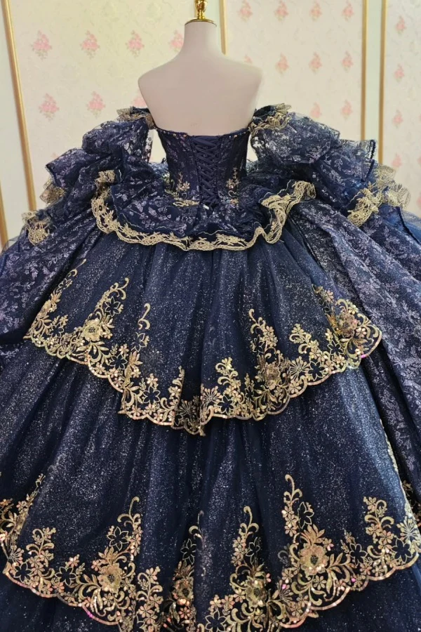 Strapless Long Sleeves Dark Navy Quinceanera Dress with Beaded Gold Appliques Sequins for Sweet 15