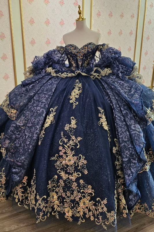 Strapless Long Sleeves Dark Navy Quinceanera Dress with Beaded Gold Appliques Sequins for Sweet 15