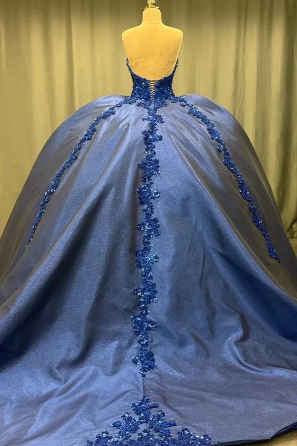 Strapless Sleeveless Sequins Appliques Pleated Navy Quinceanera Dress