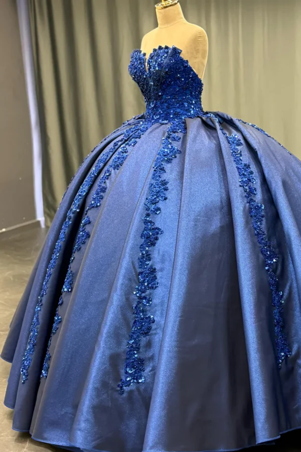 Strapless Sleeveless Sequins Appliques Pleated Navy Quinceanera Dress