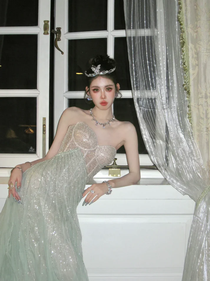 Stunning Green A Line Sweetheart Neck Corset Sequin Tulle Prom Dress Evening Dress