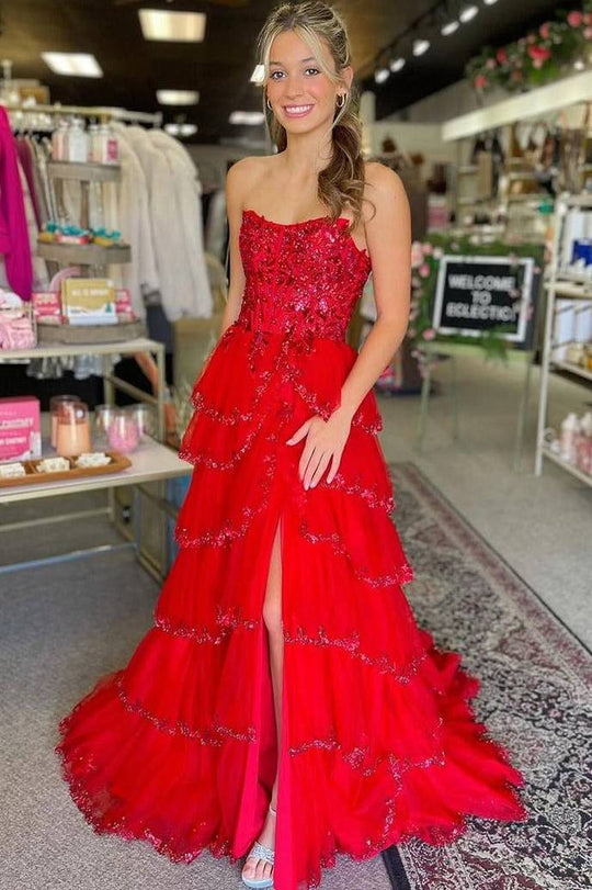 Stunning Strapless A-Line Empire-Waist Layered Appliques Prom Dress with Slit