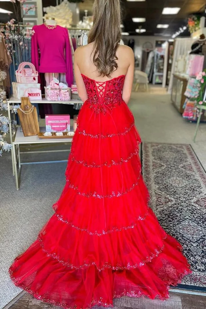 Stunning Strapless A-Line Empire-Waist Layered Appliques Prom Dress with Slit