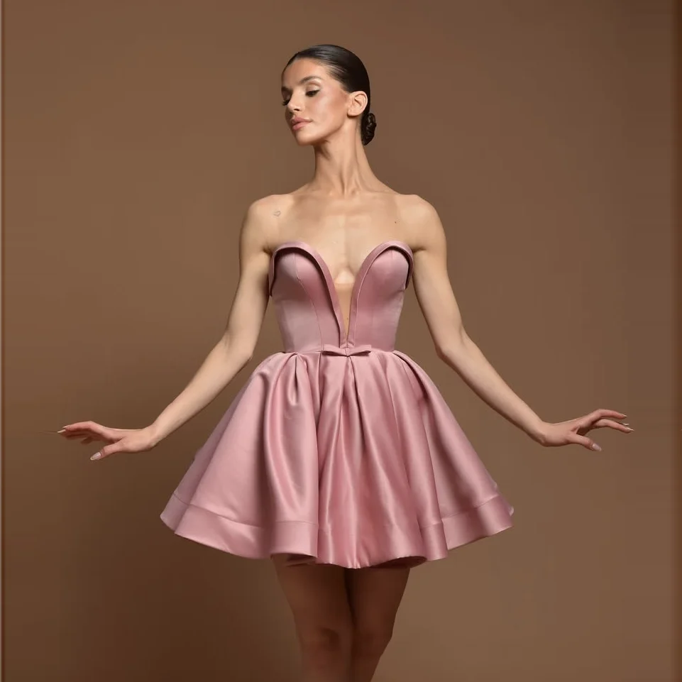 Sweet Pink Prom Dress Above Knee Length Short Party Gowns Sexy Satin Off Shoulder Princess Prom Dresses Custom Made