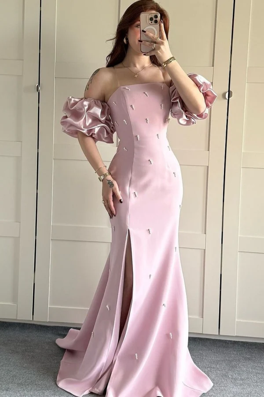 Sweet Sheath Strapless Detachable Lantern Sleeves Pearl Beaded Prom Party Dress High Side Slit and Train Formal Evening Gown
