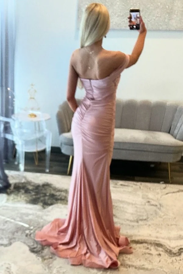 Sweet & Chic Mermaid One Shoulder Sleeveless Pleated Prom Party Dress Formal Evening Gown Bridesmaid Dress with Train
