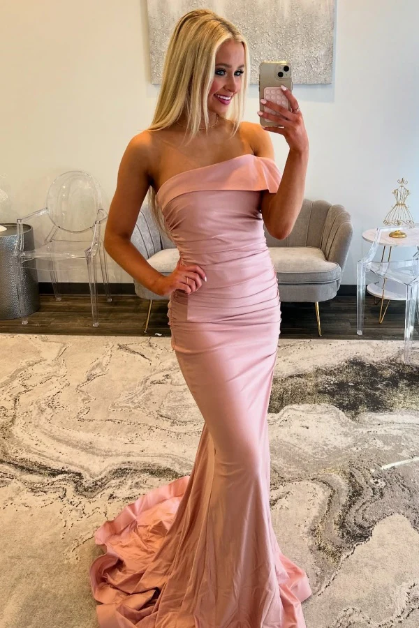 Sweet & Chic Mermaid One Shoulder Sleeveless Pleated Prom Party Dress Formal Evening Gown Bridesmaid Dress with Train