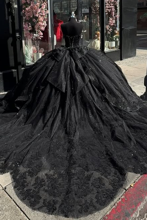 Sweetheart Beaded Sequins Appliques Bow Knot Black Quinceanera Dress for Sweet 16