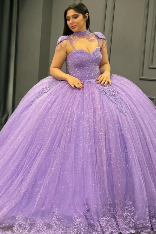 Sweetheart Spaghetti Straps Sleeveless Lilac Sweet 15 Quinceañera Dress with Beaded Appliques