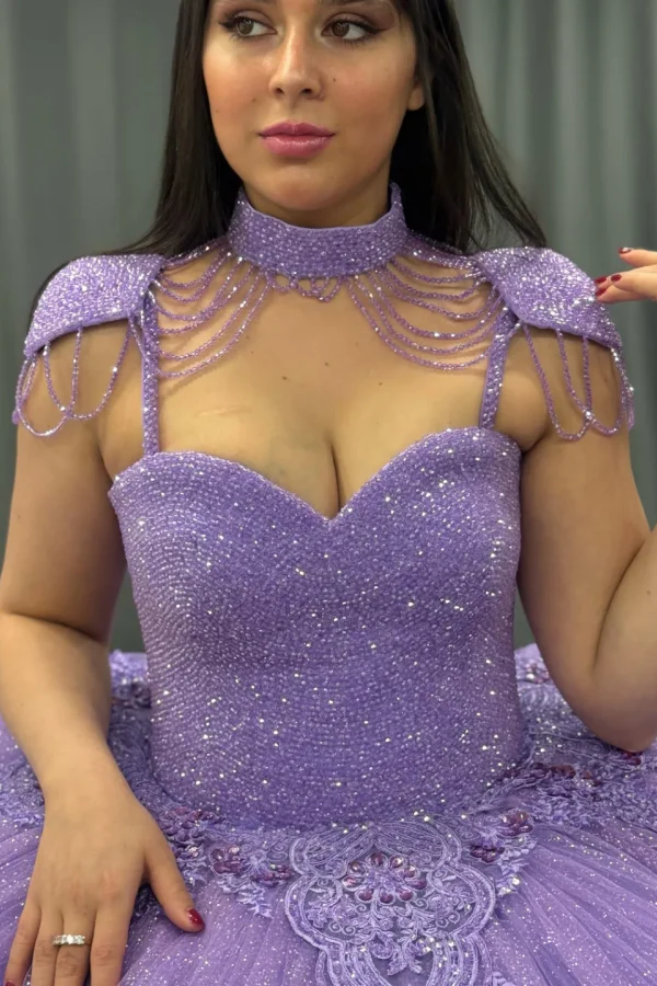 Sweetheart Spaghetti Straps Sleeveless Lilac Sweet 15 Quinceañera Dress with Beaded Appliques