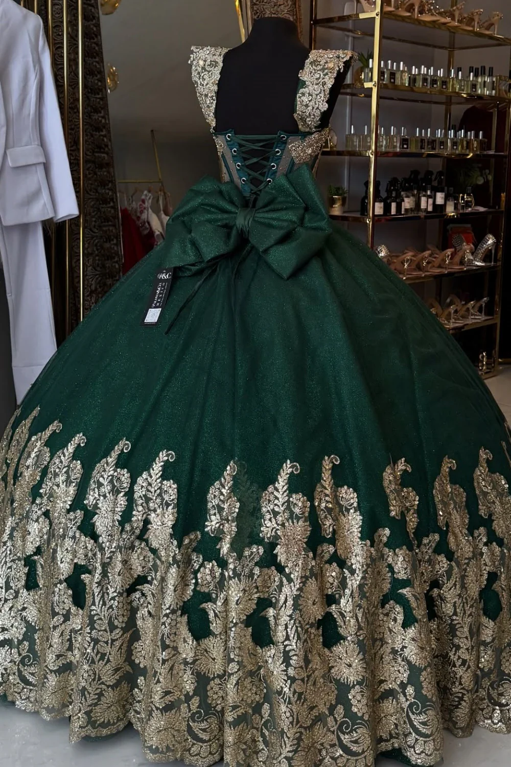 Sweetheart Straps Sleeveless Gold Appliques Bow Knot Dark Green Sweet 15 Quinceañera Dress
