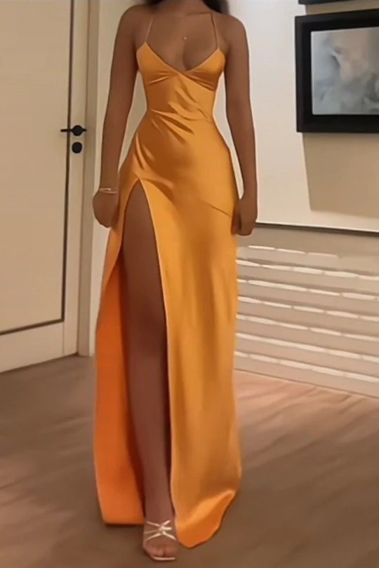 Timeless Spaghetti Straps V-Neck Satin Side Slit Party Prom Dress