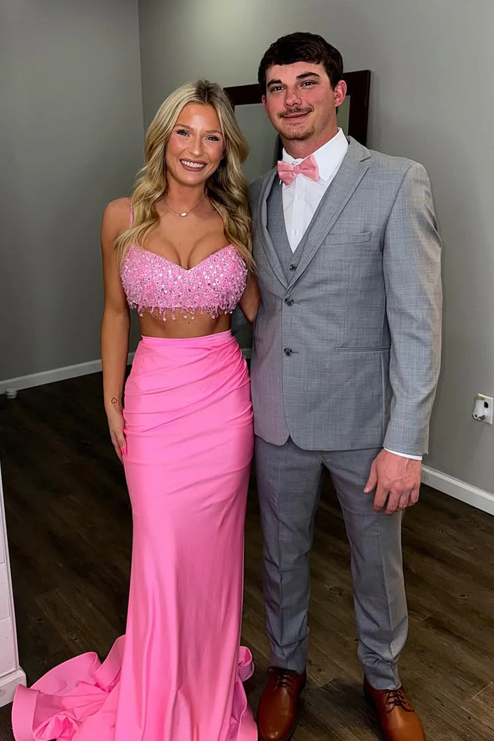 Two Piece V Neck Pink Sequins Long Prom Dress