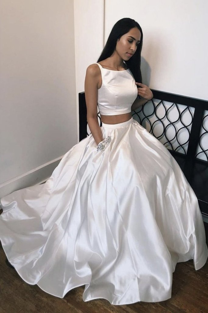 Two Pieces Ivory Satin Long Prom Dress with Pocket, 2 Pieces Ivory Formal Dress, Ivory Evening Dress