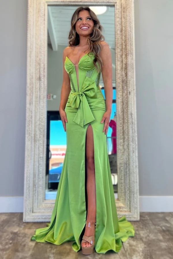 V Neck Sleeveless Beaded Bow Knot High Side Slit Prom Dress