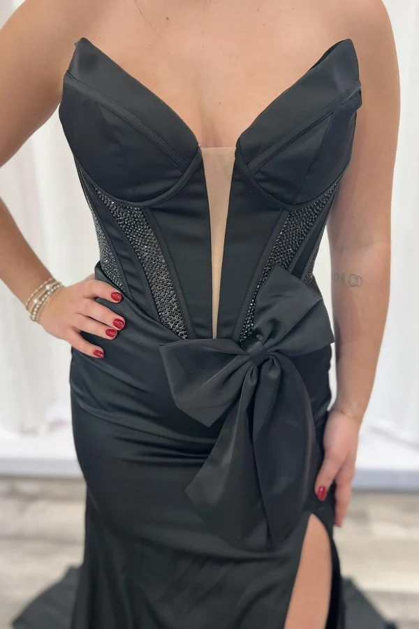 V Neck Sleeveless Beaded Bow Knot High Side Slit Prom Dress