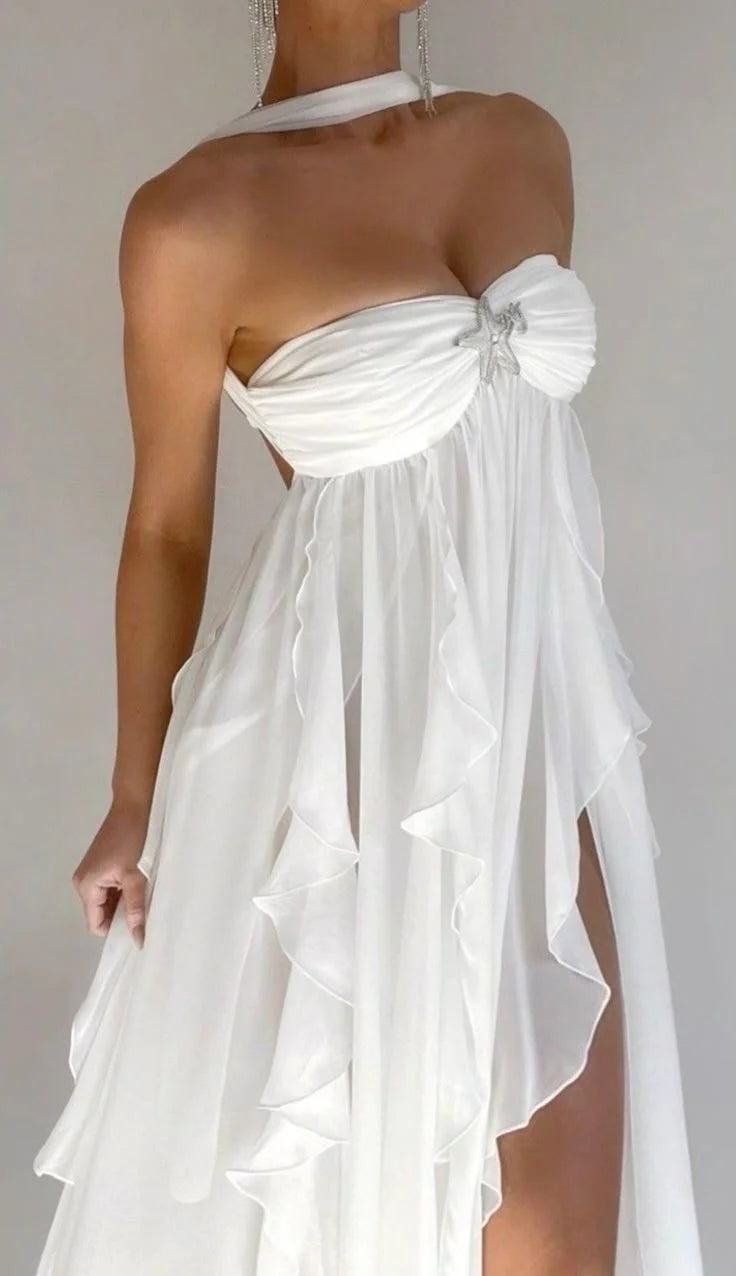 White pure color youthful elegant sweet long chiffon ruffle irregular skirt seaside beach holiday party dress evening dress prom dress