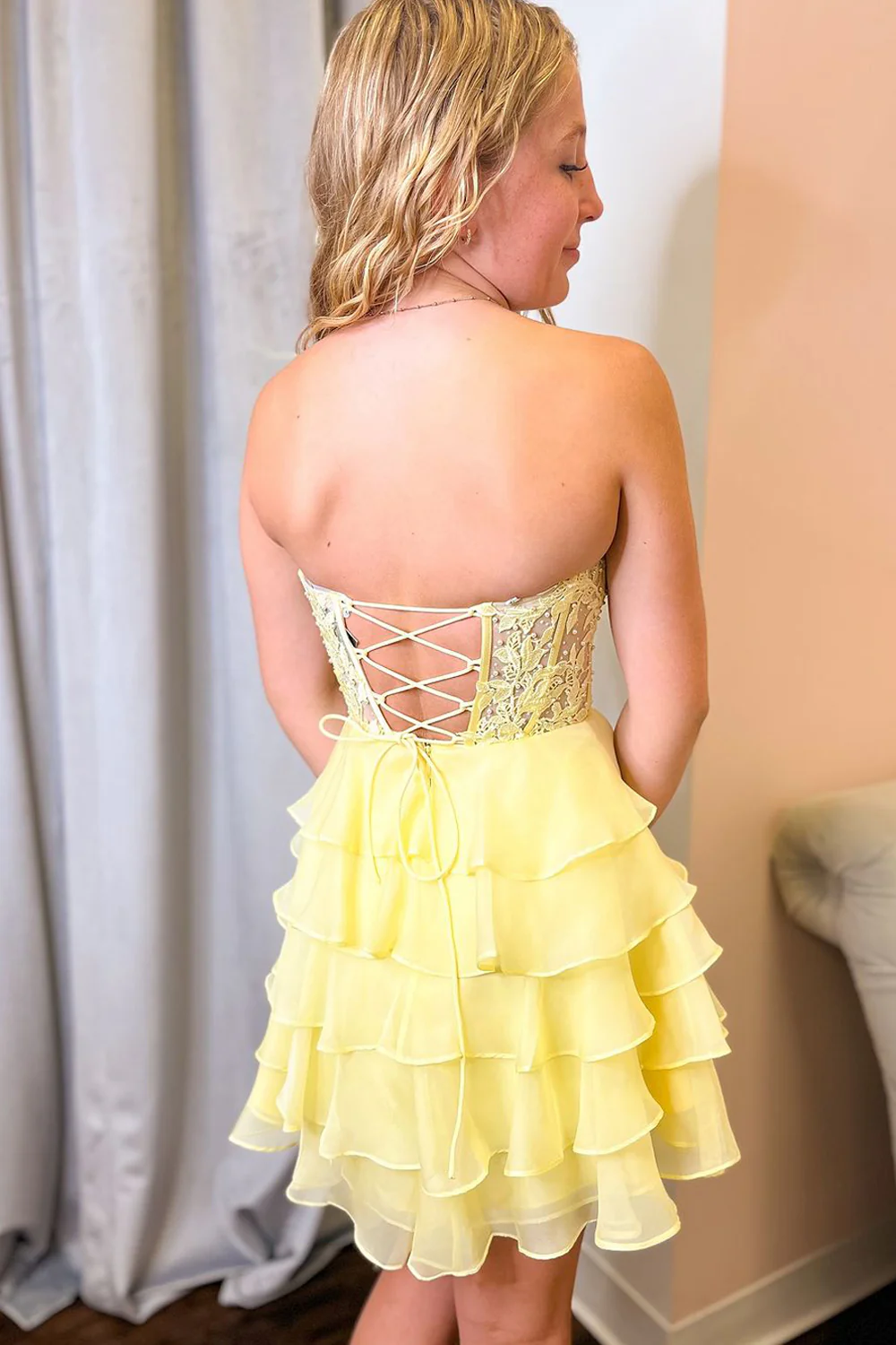 Yellow Ruffle Tiered Chiffon Short A-Line Homecoming Dress with Appliques