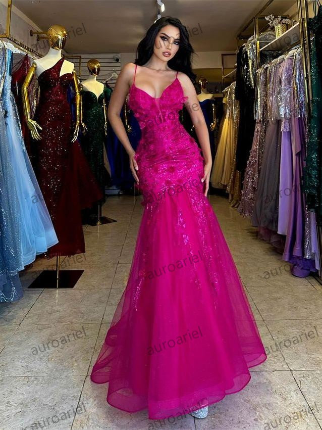 Gorgeous V-Neck Sleeveless Mermiad 3D Applique Prom Dresses Elegant Long Backless Women's Dresses For Wedding Formal Party Gown